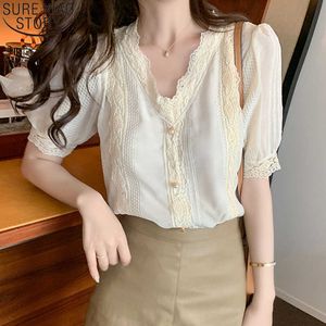 Zomer kant shirt vrouwen korte mouwen bubble mouw tops retro blouse mode french v kraag shirt Goede kwaliteit 14274 210527