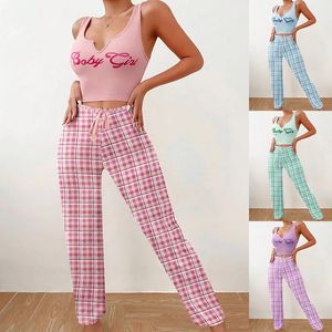 Summer dames 2 pièces vêtements de maison pyjama ensemble gilet de couleur bloc de couleur pantalon pantalon imprimé pyjamas haut