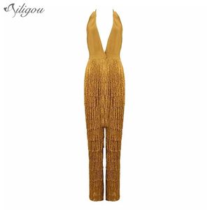 Verano damas vendaje mono amarillo tassel bodycon club v-cuello fiesta sexy spandex 210525