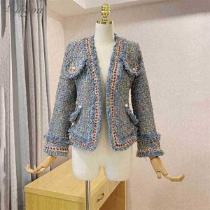 Zomer Dames Hoge Kwaliteit V-hals Tweed Jas Fined Pearl Buttons Slanke elegante Plaid Casaco Dames Top 210525