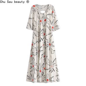 Été dames vacances Style positionnement impression mi-manches longue jupe dos évider robe bouton femme Boho 210508