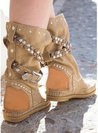 Summer dames rivets Studs Backle Belt Mid-Calf Boots Femme Flat Fashion Patchwork Sleede Slip on Long Boots 240412