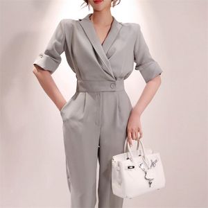 Summer Dames Korte Mouw Solid Jumpsuits Elegante Mode Kleped Office Wear Casual Dames Slanke Overall Rompertjes 210519