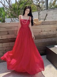 Été dames solide sexy plissée robe robe de vacances de vacances longue robe femme corpone élégante sommaire sans dos boho rouge mousseline 240415