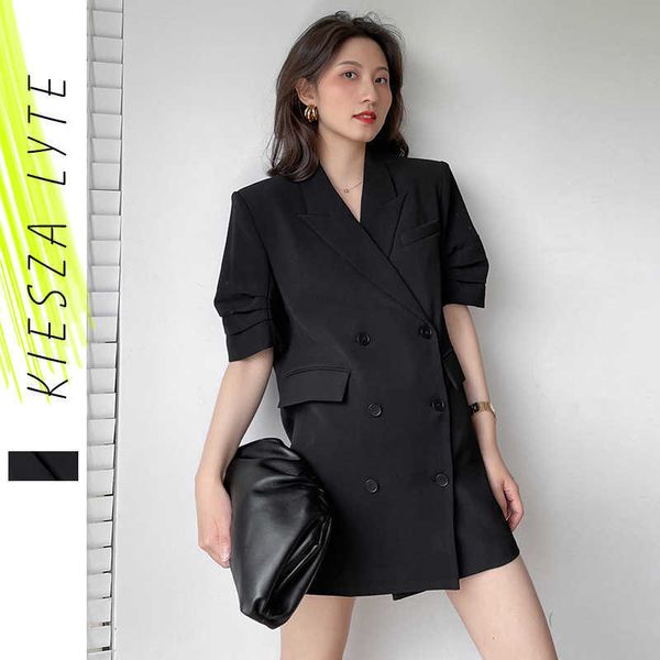 Summer Ladies Tops Suit Jacket Casual Black White Folded Sleeve Mujer prendas de vestir exteriores Bleizer De Mujer 210608