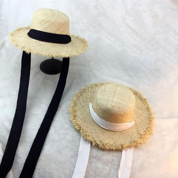 Lafia – chapeau de plage d'été pour femmes, ruban noir et blanc, tempérament plat en paille à large bord, 216g