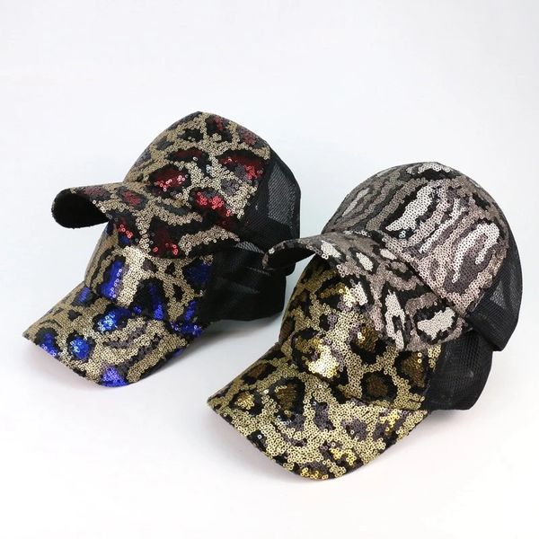 Été léopard paillettes maille casquette Sanpback dames pêche serpent casquettes de baseball mode décontracté chapeaux incurvés filles ajuster chapeau hip hop