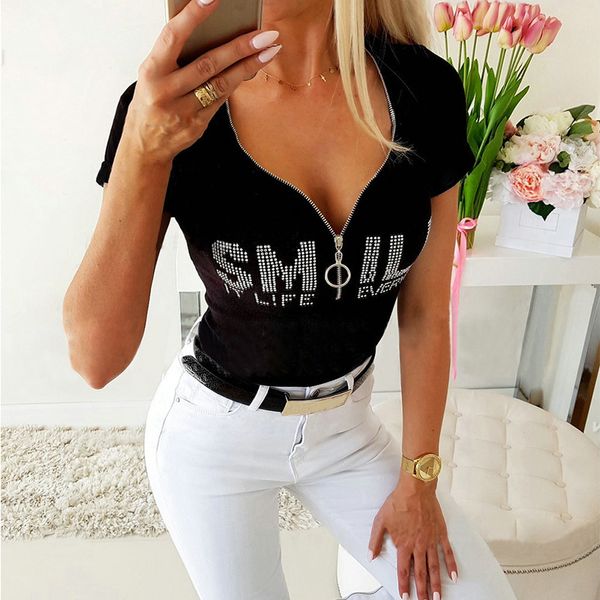 Été Lettre Imprimer T-shirts Femmes Sexy Fermeture Éclair Patchwork Conception Col En V À Manches Courtes Slim Tops Dames Drill Streetwear T-shirts 210507