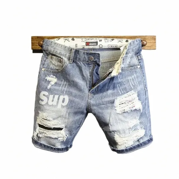 Summer Light Blue Hole Cat Nez Patching Lettre Imprimé Slim Fit Jeans Hommes Adolescent Polyvalent Cinq Points Pantalon h9gU #