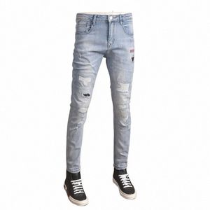 Summer Light Blue Ripped Jeans Hommes Casual Slim Fit Crayon Pantalon Streetwear Patchs Imprimés Denim Pantalon h7fA #