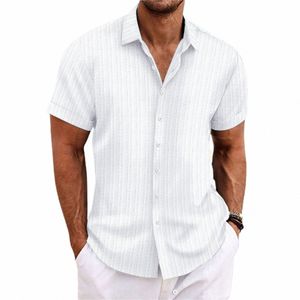 Lin d'été NOUVEAU Chemises à manches courtes pour hommes Couleur unie Col rabattu Style décontracté Grande taille Vêtements pour hommes V1Jc #