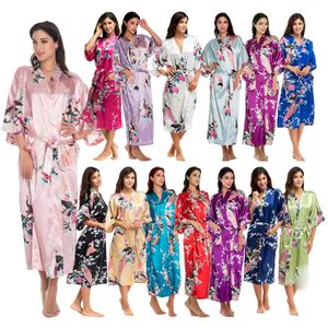 Zomer lingerie pyjama's dames slaapkleding zijden gewaad sexy v-hals kleren met lange mouwen pauw lang gewaad met riem 14 kleur