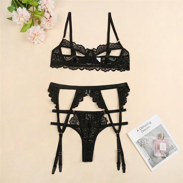 Lingerie d'été Ensemble dentelle florale Sexy Creux Creux Rassembler des sous-vêtements Femmes Femme Soutien-gorge Femme Pas de chaussettes Souffle Set