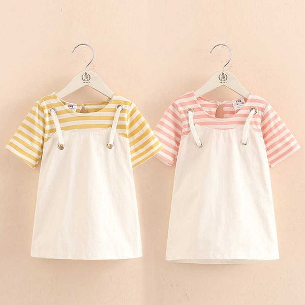 Estate bambini piccoli patchwork manica corta a righe finte due pezzi bretelle abiti per ragazze di 2 4 6 8 10 12T anni 210529