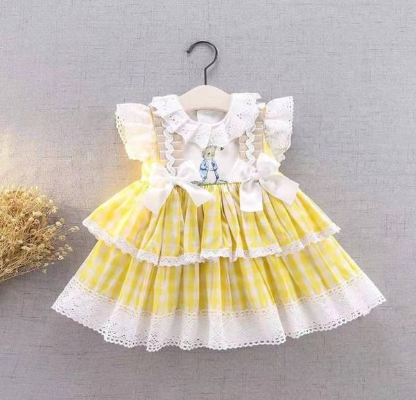 Summer Lolita Spanish Bow Sans manches Princess Ball Robe Party Robe pour fille mignonne Durkey Yellow Grid Robbit Robbit pour Bady Girl T25653618