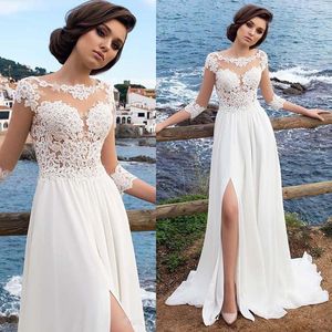 Zomer lange boho strand trouwjurken een lijn goedkope kanten chiffon bruidsjurken sexy side spleet illusie mouw geappliatie landvestidos