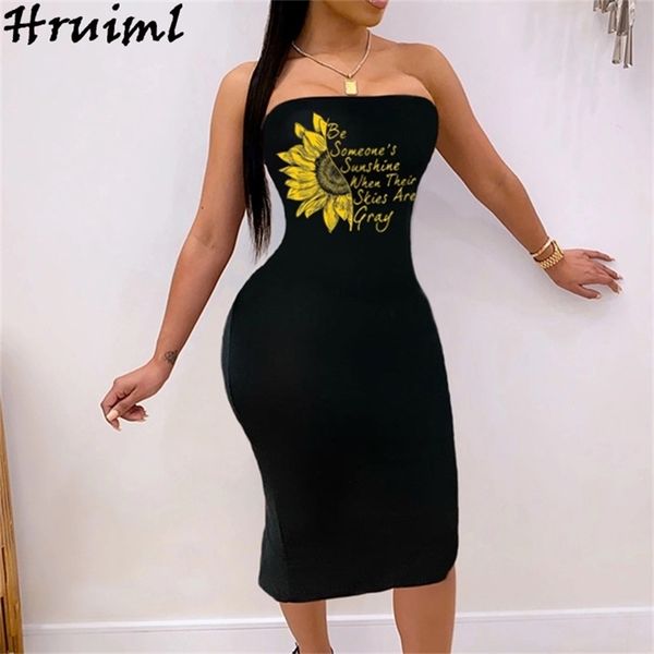 Vestido largo de verano Mujer Bodycon Estampado de girasol Sin tirantes Sin mangas Flaco Sexy es Party Night Club Tallas grandes 210513