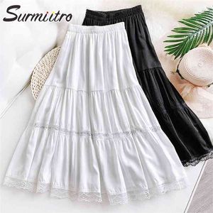 Verão saia longa mulheres estilo coreano branco laço preto retalhos estética cintura alta midi plissado feminino 210421
