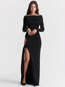 Été à manches longues noir fendu Maxi robe chic discothèque tenues de fête vêtements élégants robes de soirée pour les femmes 2023