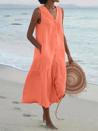 Zomer losse casual patchwork katoenen linnen pocktes jurk v nek strandstijl mouwloze vintage club midi solide dames 240416
