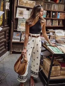 Zomer losse linnen lange broek vrouwen vintage borduurwerk met hoge taille broek mode casual wide been broek voor vrouwen 240412