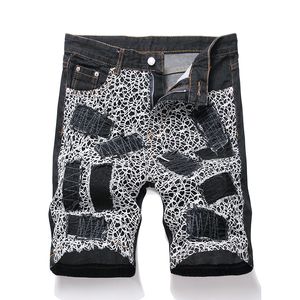 Short d'été en Denim ample pour hommes, jean court noir à patchs brodés droits, Short tendance en toile d'araignée à taille moyenne