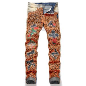 Été ample droit hommes jean Orange toile d'araignée brodé Denim pantalon rétro bleu détruit patchs pantalon