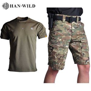 Zomer losse tactische shorts losse lading korte broek mannelijke sets wandelen shirts militaire mannen joggers wandelen jacht colhing tops x0705