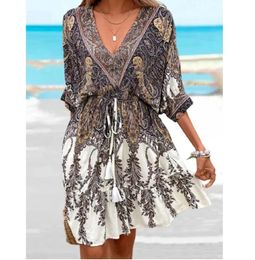 Summer Loose Vneck Lace Up Holiday Style étnico Media manga Impres. Vestido de mujeres Fashion 240412