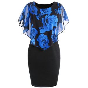 Été Lâche Femmes Robe Élégant Bureau Dame Rose Fleur Imprimer Cape Moulante Genou Longueur Rouge 220613