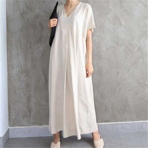 Summer Losoe Casual Minimalisme Corée V Cou Plus Taille Cottin Lin Slim Robe à manches courtes Longue Femme Fille Femme E077 210603