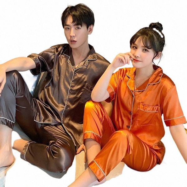 Amantes de verano Traje de pijama Pijamas Parejas Ropa de dormir de seda Camisón de satén Mujeres Pijamas de manga corta Hombres Salón Tallas grandes Pj Set 76K1 #