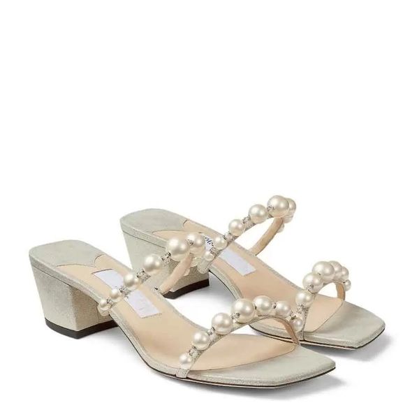 Sandalias Amara de lujo de verano para mujer, zapatillas con correa de perlas, tacón grueso, punta cuadrada, zapatos de tacón para mujer, EU35-43.Box para fiesta y boda