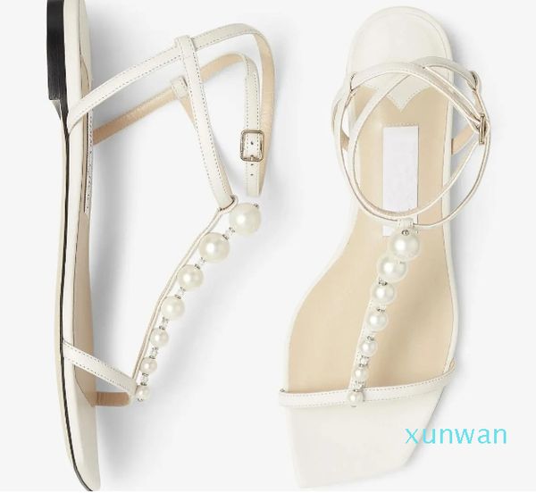 Été luxe Amari sandales chaussures Latte Nappa Latte appartements avec perles cristal embellissement robe de soirée dame gladiateur marche blanc noir