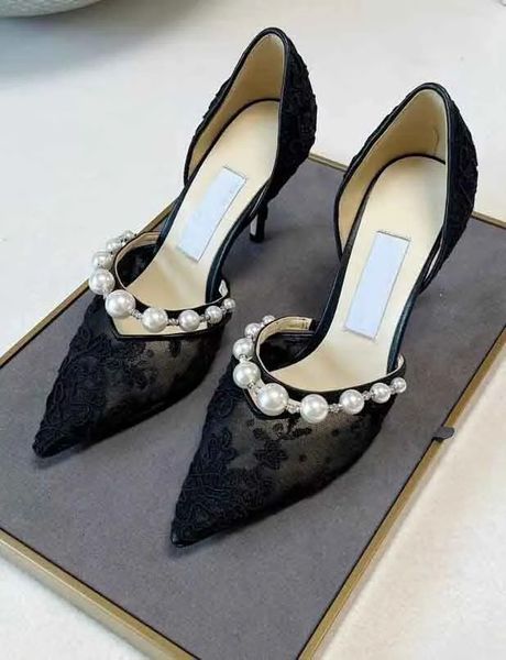 Verano de lujo Aurelie Sandalias con punta en punta Zapatos Mujer Zapatos de cuero con encaje Adorno de perlas Vestido de novia Tacones altos Negro Blanco EU35-43