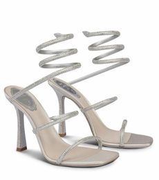 Marque de luxe d'été Rene Cleo sandales chaussures femmes talons incrustés de cristaux semelles scintillantes cristaux Caovilla spirale bride à la cheville dame robe de soirée gladiateur Sandalias