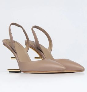 Zomer Luxe Merken Eerste Sandalen Schoenen Vrouwen Muilezels Naakt Zwart Kalfsleer Slingbacks F-vormige Hakken Jurk Bruiloft goud-colore