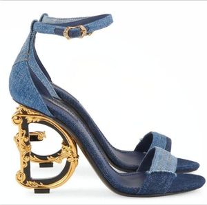 Zomer Luxe Merken Leer/Denim Sandalen Schoenen Pop Hak Vergulde Carbon Naakt Zwart Rood Pumps Gladiator sandalias Met Doos