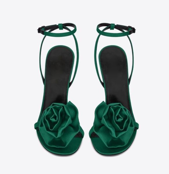 Été Luxe Cassandra Sandales Chaussures Fleur Satin Femmes Cuir Lady Opyum Gladiator Sandalias Noir Blanc Fête De Mariage Talon Aiguille Noir Rose Vert