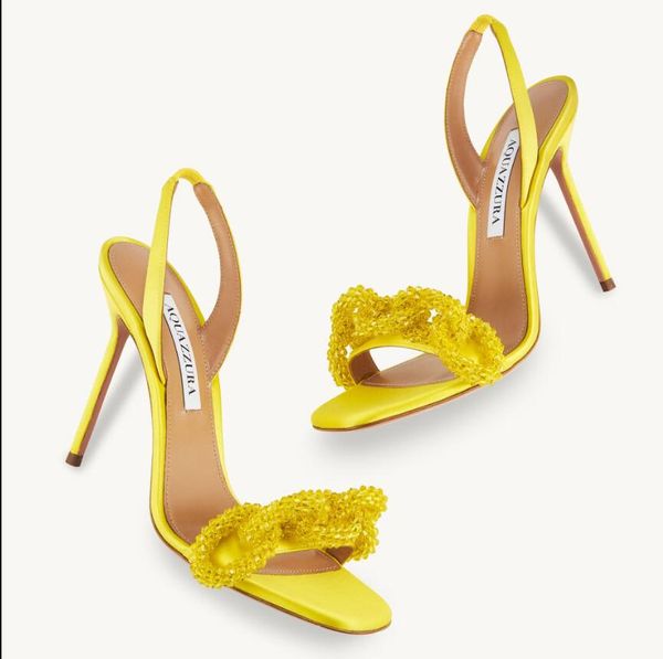 Summer Luxury Chain of Love Sandals Zapatos Toe Open Slingback Woman Crystal Party Vestido de boda Glitter Lady High Heels Eu35-40