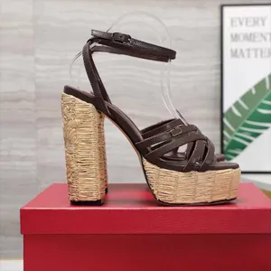 Designer de luxe d'été sandales mode lafite herbe tissée plate-forme talon robe talon chaussure de cheville boucle