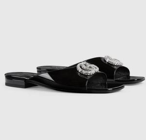 Été luxe Double-G avec cristal femmes sandales chaussures sans lacet diapositives chaussures féminines matériel étincelant maison chaussures dame sans lacet maison marche EU43