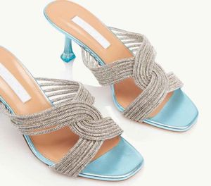 Summer Luxury Gatsby Aquazz Femmes Sandales Chaussures Femmes High Heels Crystalmbellifhed Metallic Leather Slipper Mules Robe Par8689635