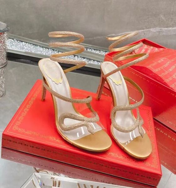 Summer Luxury Morgana Designer Sandals Suede Crystal Correa de espagueti Adornado Tacones de oro negro Renecaovilla Vestido de novia nupcial Sandalias de gladiador