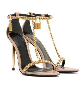 Été luxe cadenas sandales chaussures femmes T-strap chaîne gourmette or métal or noir rose talon aiguille fête de mariage dame Sexy gladiateur Sandalias EU35-43