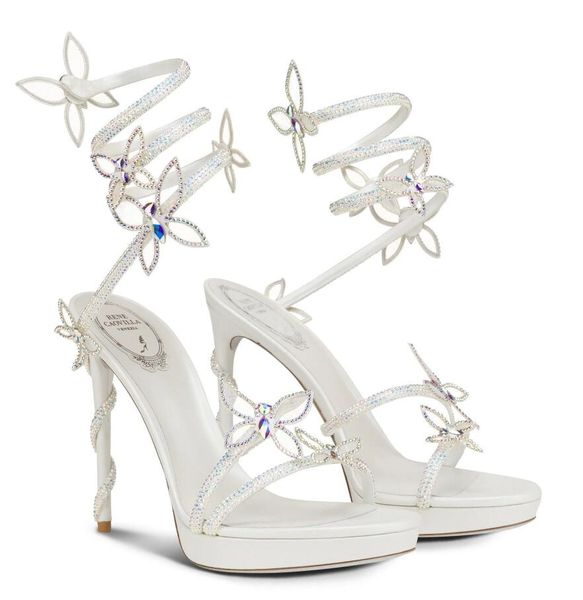 Verano de lujo Rene Margot Sandalias de cristal Zapatos Serpiente Envuelto Mariposas Tiras Tacones altos Vestido de fiesta Boda Caovilla Gladiador Sandalias EU35-43