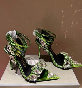 Été luxe Tomsford miroir cuir sandales chaussures pierres de cristal pointu bijou cheville-cravate talons hauts robe de soirée mariage gladiateur Sandalias EU35-42