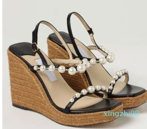 Zomer Luxe Vrouwen Amatuus Sandalen Schoenen Parel Kristal Verfraaid Wiggen Hakken Vierkante Neus Bruiloft, Feest, Jurk Lady Gladiator