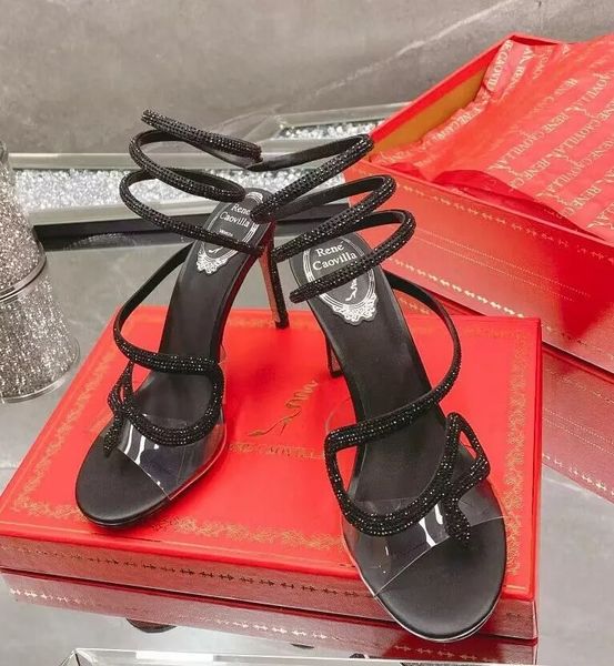 Summer Luxury Women Morgana Sandals Zapatos de gamuza Cristal Strappy Velvet Red Black Tisos Altos Renecaovilla Vestido de novia nupcial
