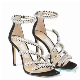 Zomer luxe dames sandalen beroemd merk Josefine Design Crystal Diamond Ribbon Stiletto schoenen kalfsleer vierkante kop 44 bruid bruiloftsfeestje